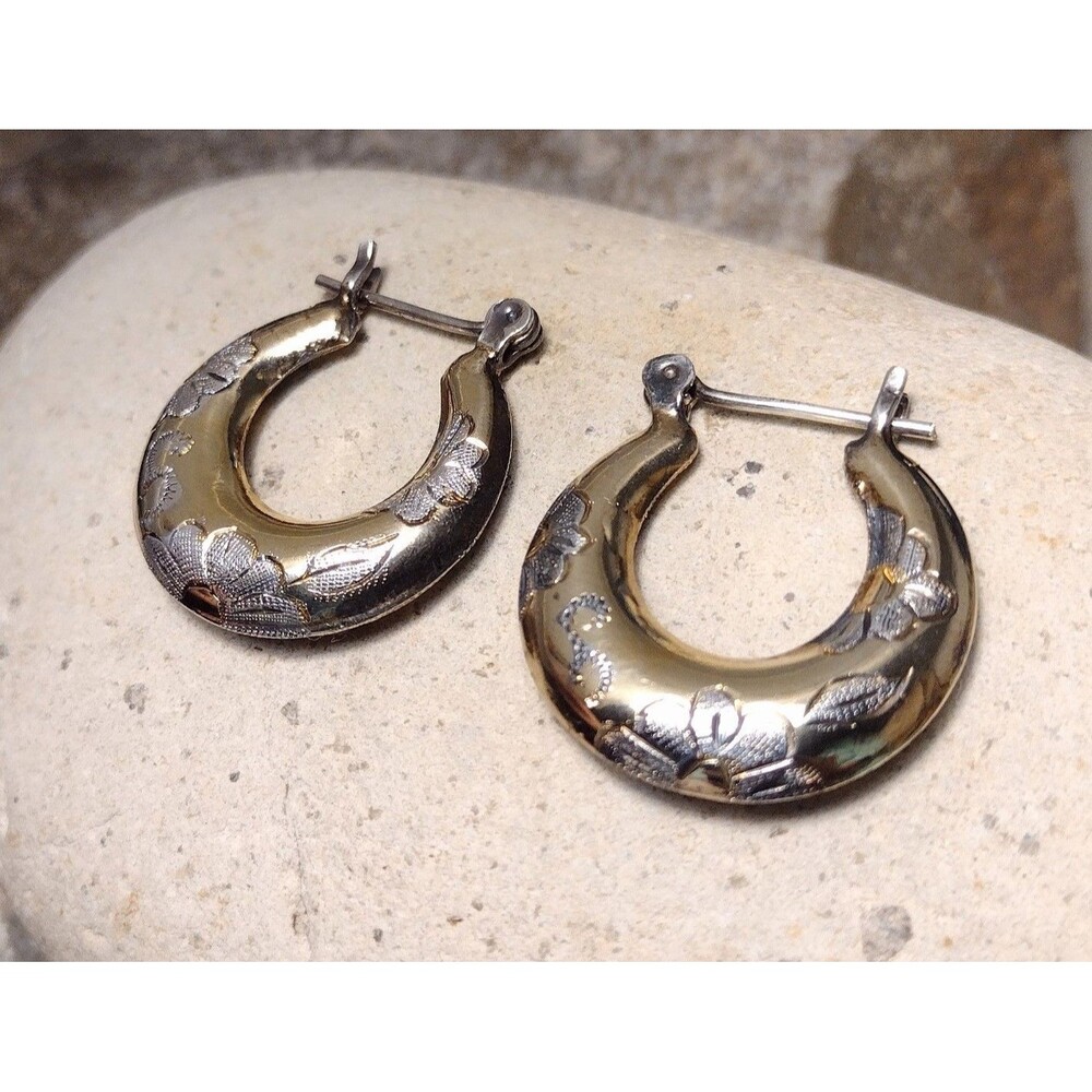 24KT Gold Over Sterling Floral Hoop Earrings - Gold - Picture 5 of 11